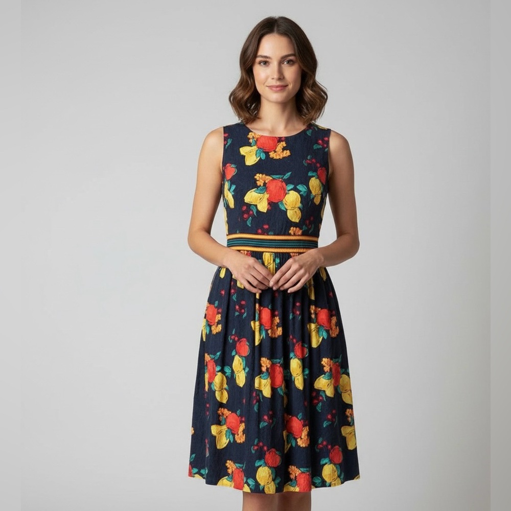 Sleeveless Navy Floral Fit & Flare Dress with Yellow and Red Accents